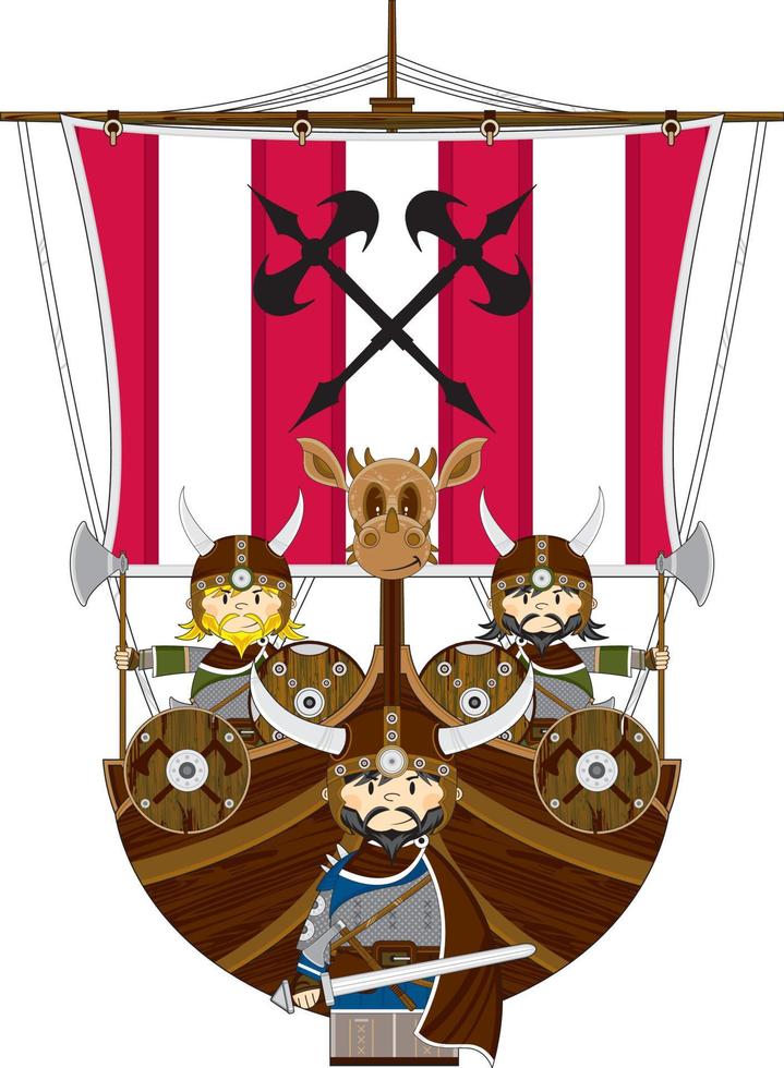 carino cartone animato vichingo guerrieri e scialuppa norvegese storia illustrazione vettore