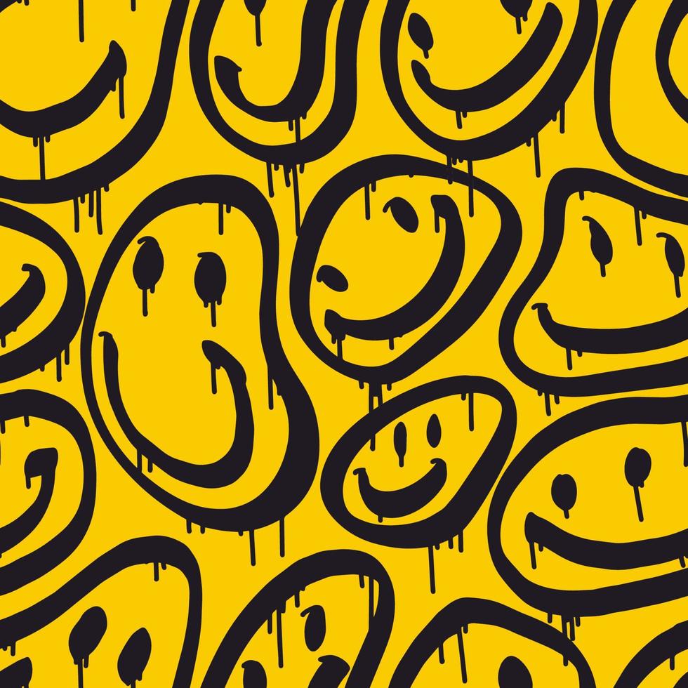 Groovy Sorridi senza soluzione di continuità modello nel urbano strada arte stile su giallo sfondo. grafico metropolitana unisex design per magliette. fricchettone retrowave con anni 90 stile. psichedelico delirio sfondo. vettore