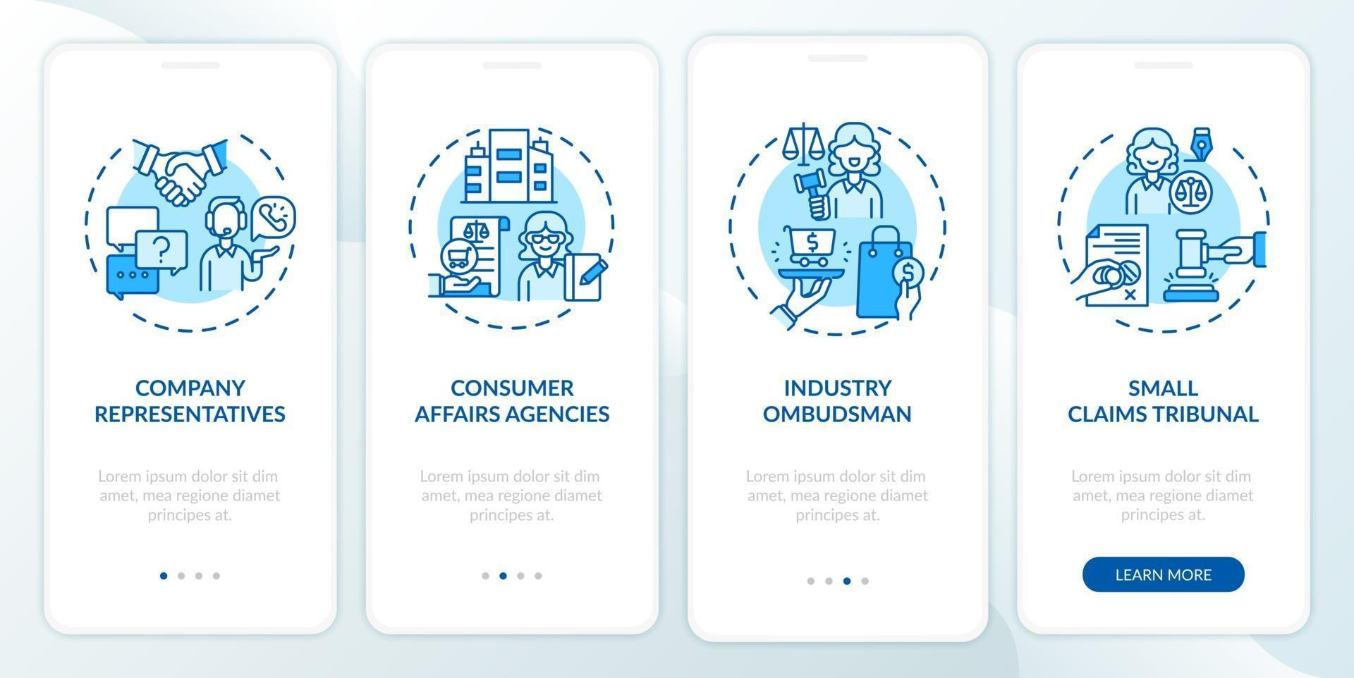 schermata della pagina dell'app mobile onboarding per la tutela dei consumatori con concetti vettore