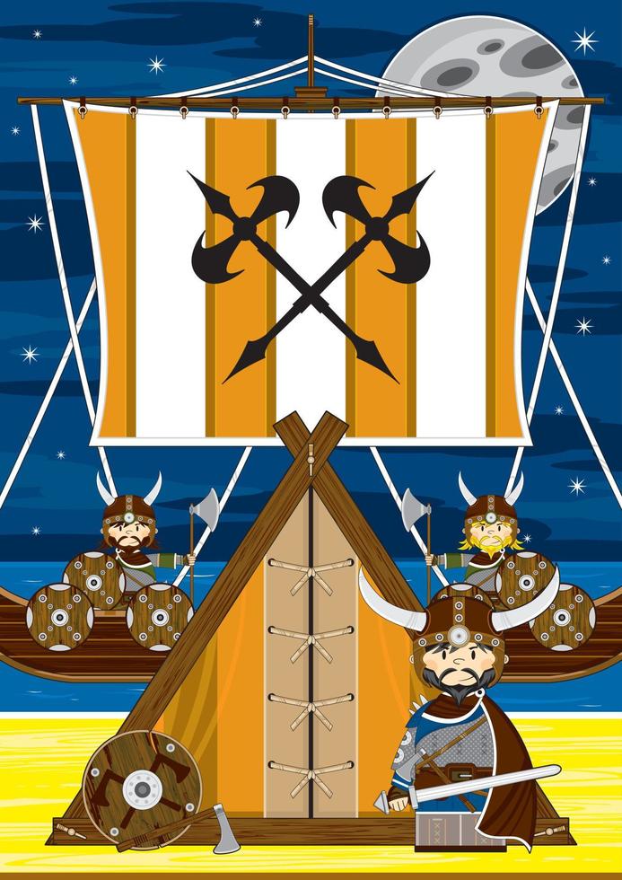 cartone animato vichingo guerrieri su il spiaggia con scialuppa norvegese storia illustrazione vettore