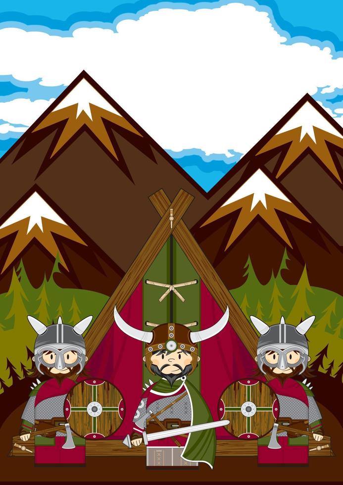 carino cartone animato vichingo guerrieri e tenda norvegese storia illustrazione vettore