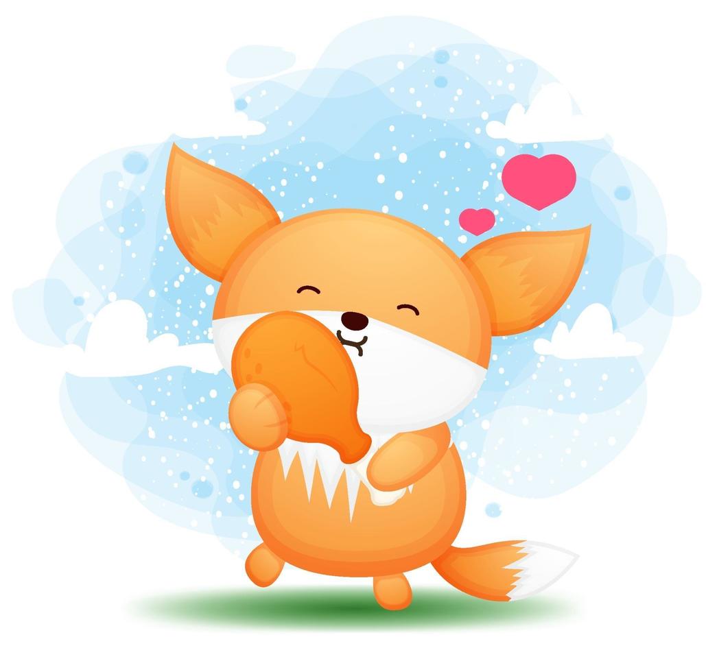 cute doodle baby fox holding personaggio dei cartoni animati di pollo fritto vettore