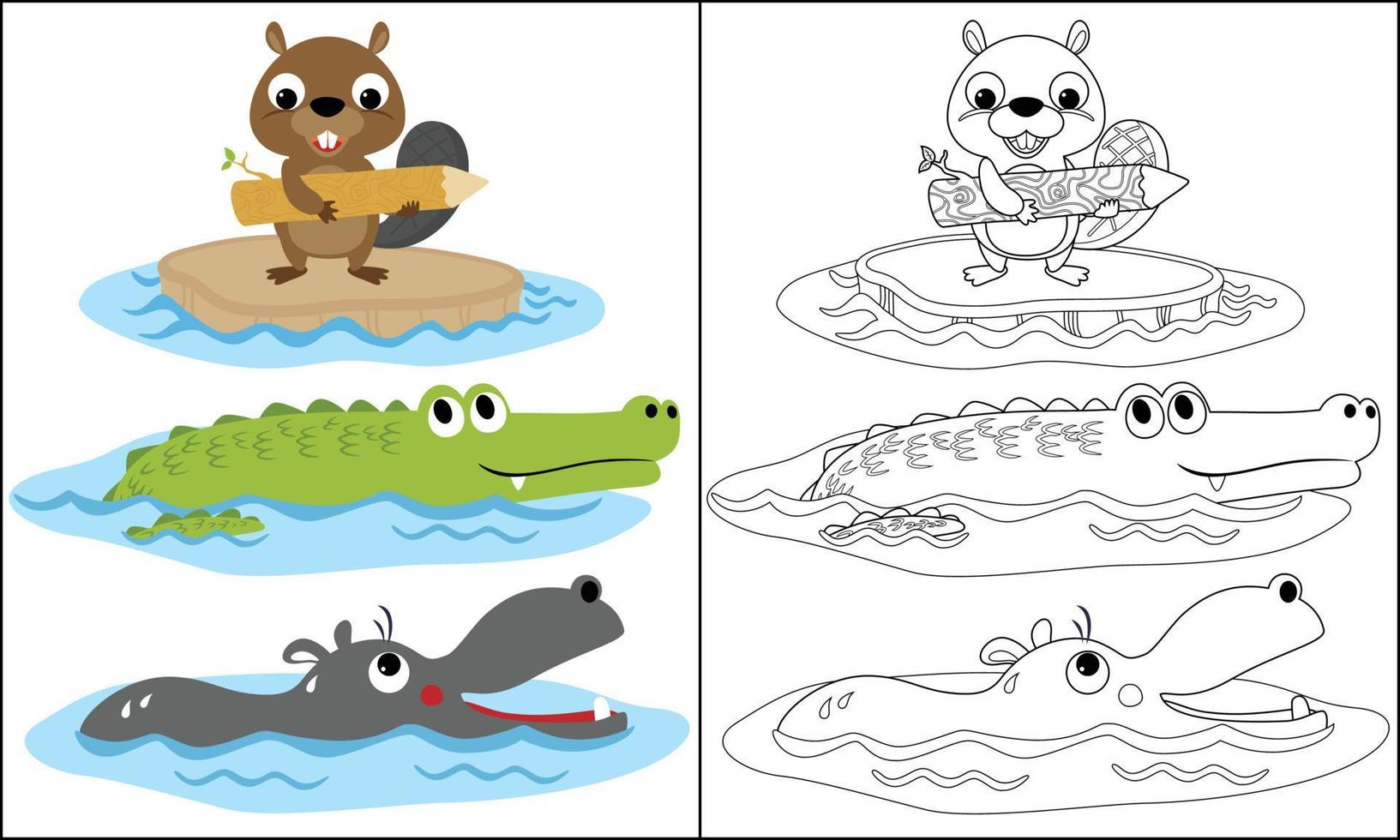 divertente nuotatore animali. castoro, coccodrillo e ippopotamo. colorazione pagina o libro vettore