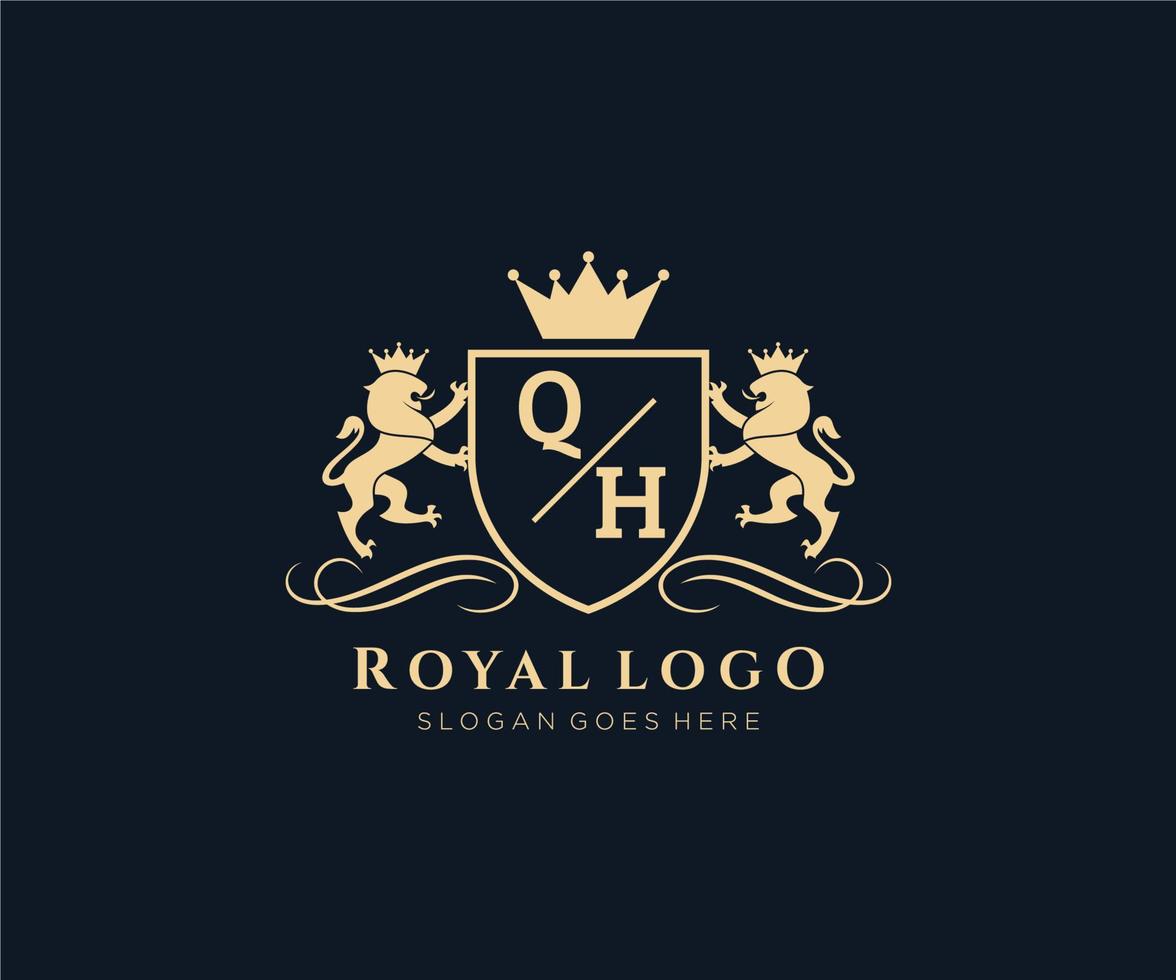 iniziale qh lettera Leone reale lusso stemma araldico logo modello nel vettore arte per ristorante, regalità, boutique, bar, Hotel, araldico, gioielleria, moda e altro vettore illustrazione.