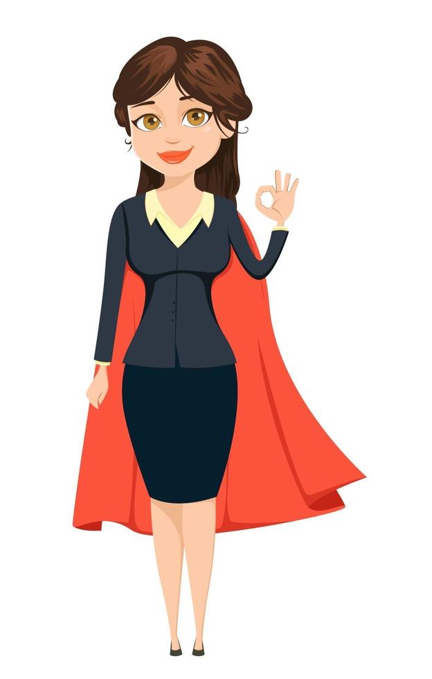 imprenditrice in un mantello rosso che mostra il segno giusto, come una donna super vettore