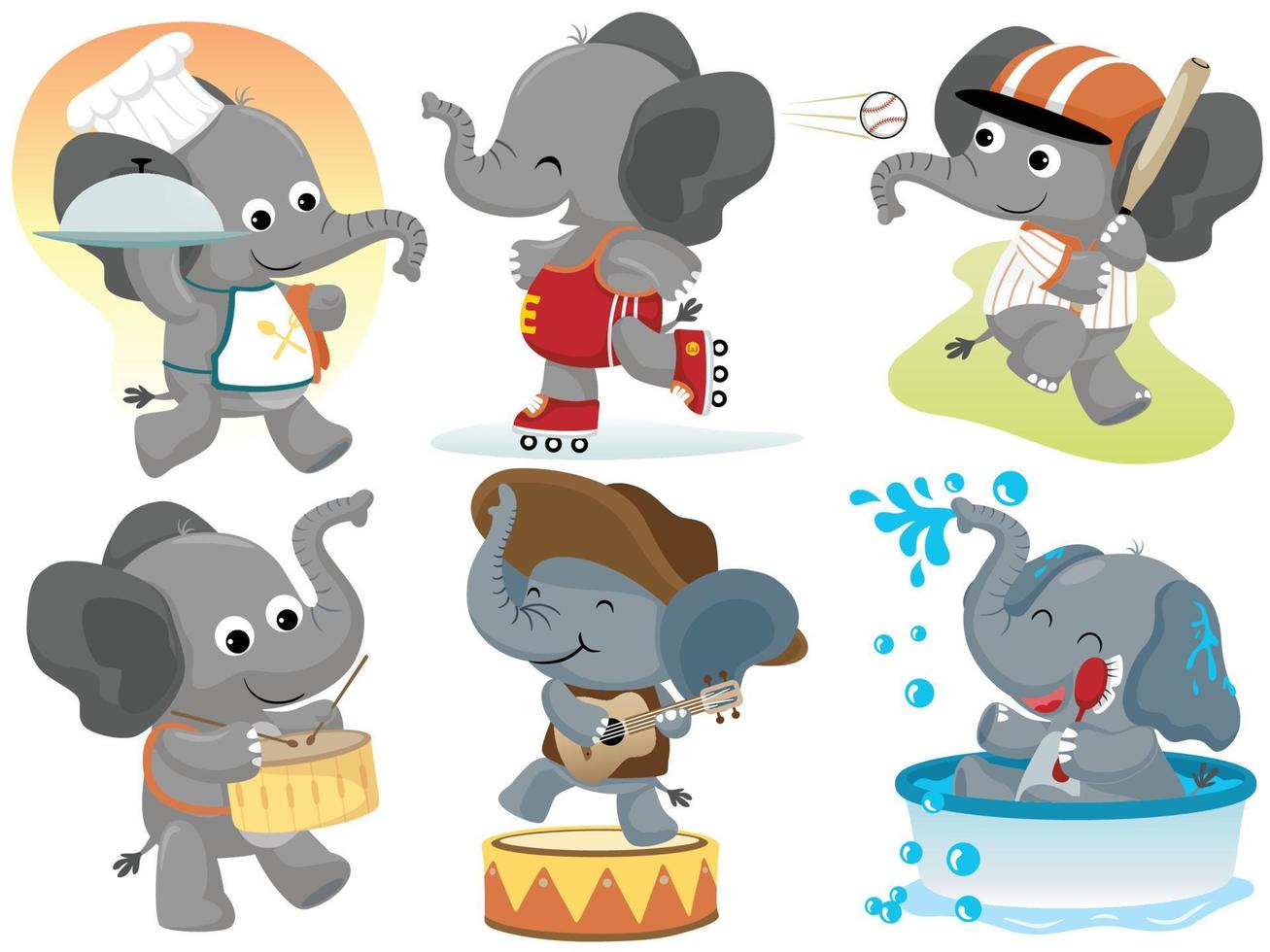 vettore impostato di divertente elefante cartone animato nel diverso attività