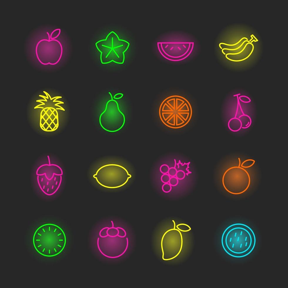 set di icone al neon di frutta vettore
