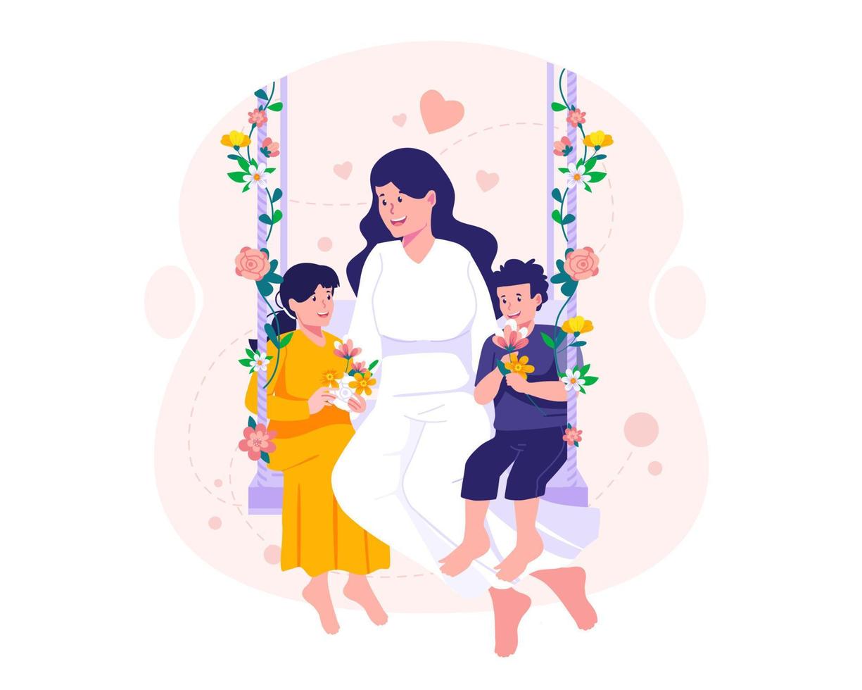 giovane madre con sua figlia e figlio seduta su un' swing decorato con fiori. madre e sua bambini abbraccio seduta su un' oscillazione. contento La madre di giorno vettore