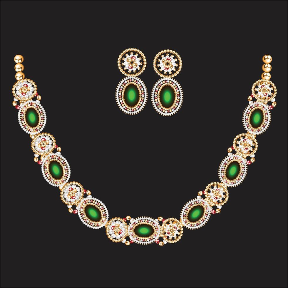 illustrazione collana Da donna nozze con prezioso verde pietre con orecchini. vettore