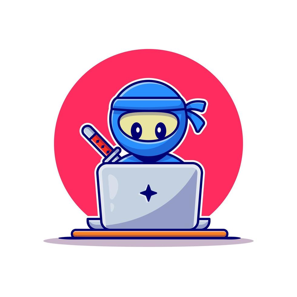 carino ninja Lavorando su il computer portatile cartone animato vettore icona illustrazione. persone tecnologia icona concetto isolato premio vettore. piatto cartone animato stile