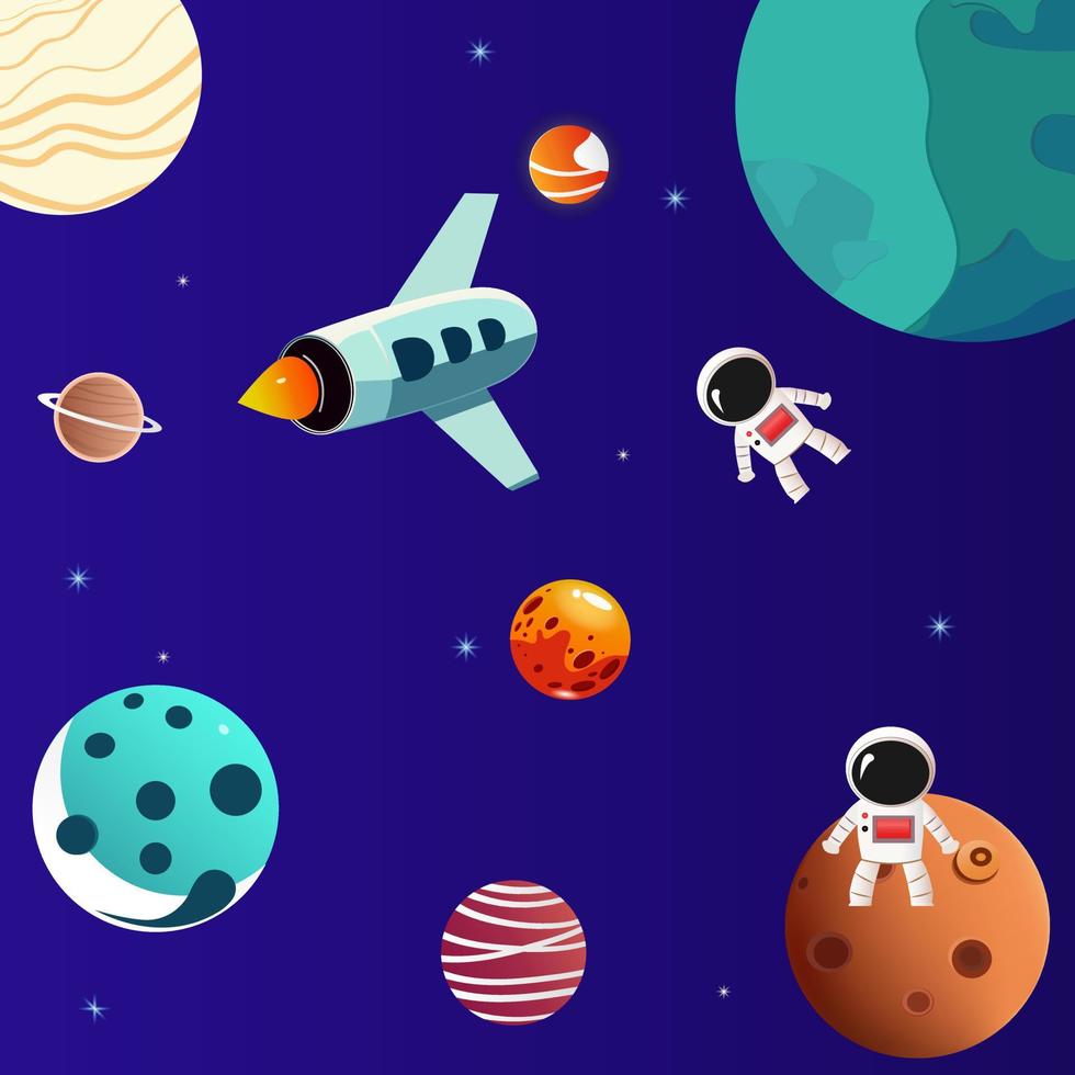 vettore spazio illustrazione. spazio vettore sfondo con razzo, navicella spaziale, Luna, satellitare, astronauta, pianeti, e stelle