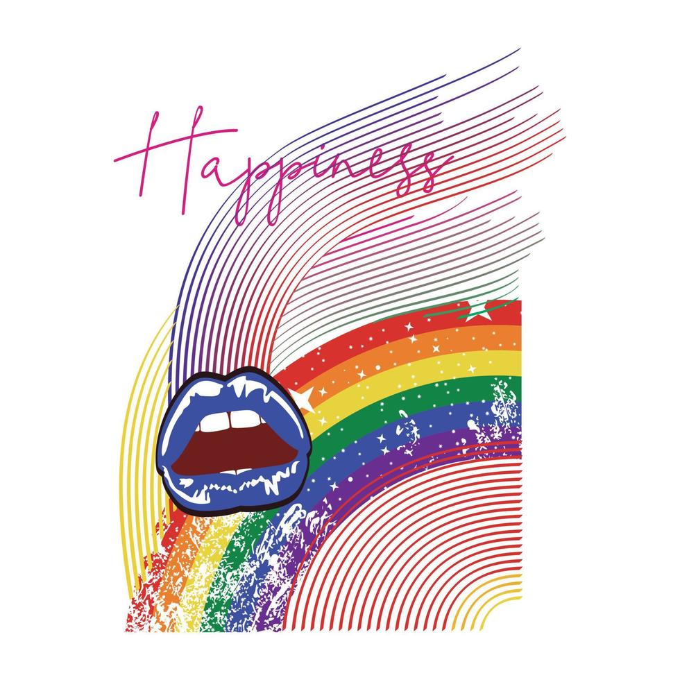 arcobaleno maglietta design con labbra e curvo Linee. vettore illustrazione per gay orgoglio giorno