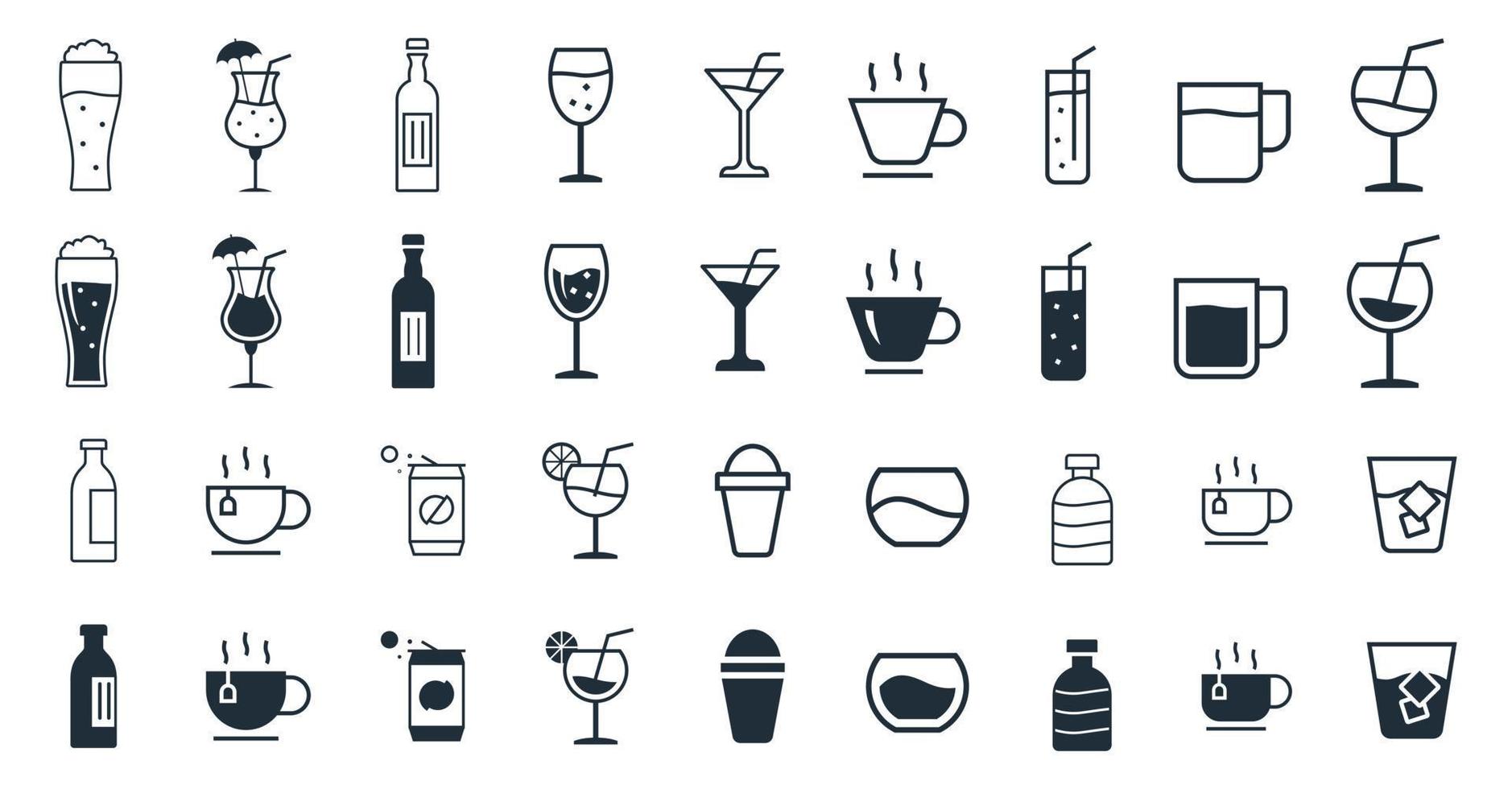 bevanda icone vettore illustrazione impostare. Tè, caffè, cacao, tazze, bottiglia, bicchiere, e Di Più