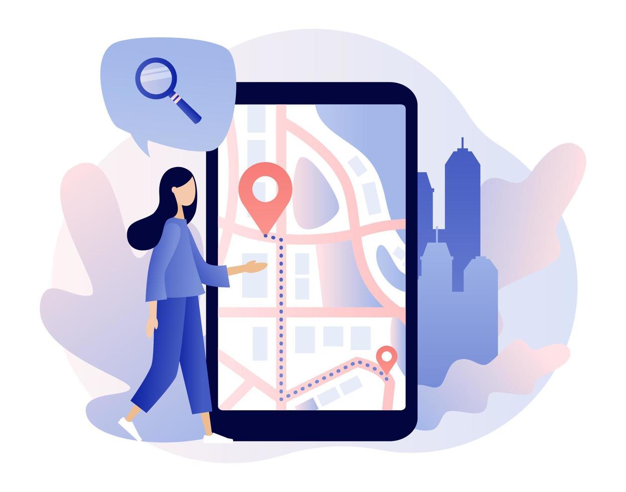 GPS navigazione concetto. minuscolo ragazza ricerca per Posizione su smartphone. in linea carta geografica. noi avere mosso. moderno piatto cartone animato stile. vettore illustrazione