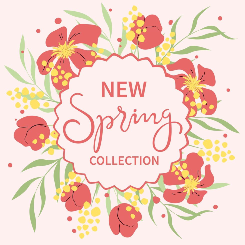 nuovo primavera collezione. bandiera modello per sociale reti con colotful fiori e scritta. adatto per promozioni, storie, inviare e Internet Annunci. vettore illustrazione.