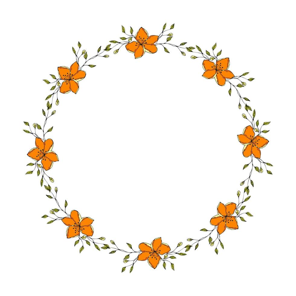 ghirlanda il giro telaio con scarabocchio arancia fiori mano disegnato, disegno contorno floreale. vettore