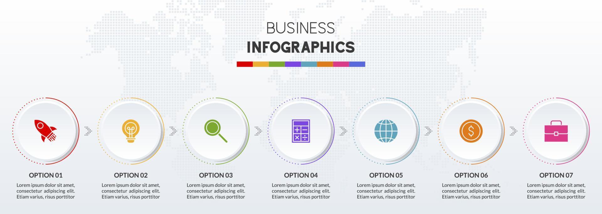 infografica design modello e icone con 7 opzioni o 7 passaggi vettore