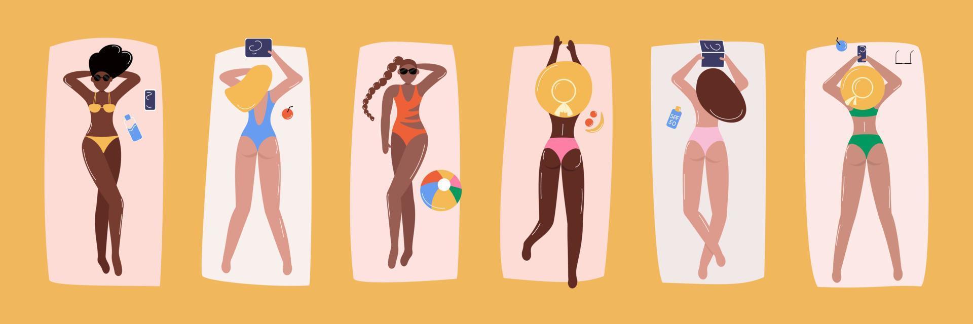 diverso donne prendere il sole a spiaggia vettore illustrazione