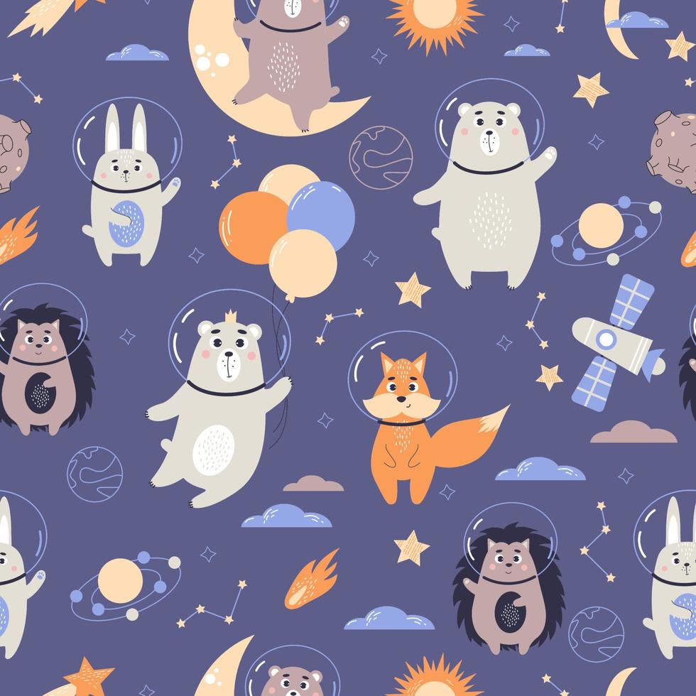spazio senza soluzione di continuità modello. carino animale astronauti. divertente orso con palloncini, coniglio, Volpe e riccio su blu sfondo con stelle, meteorite e pianeti. vettore illustrazione.