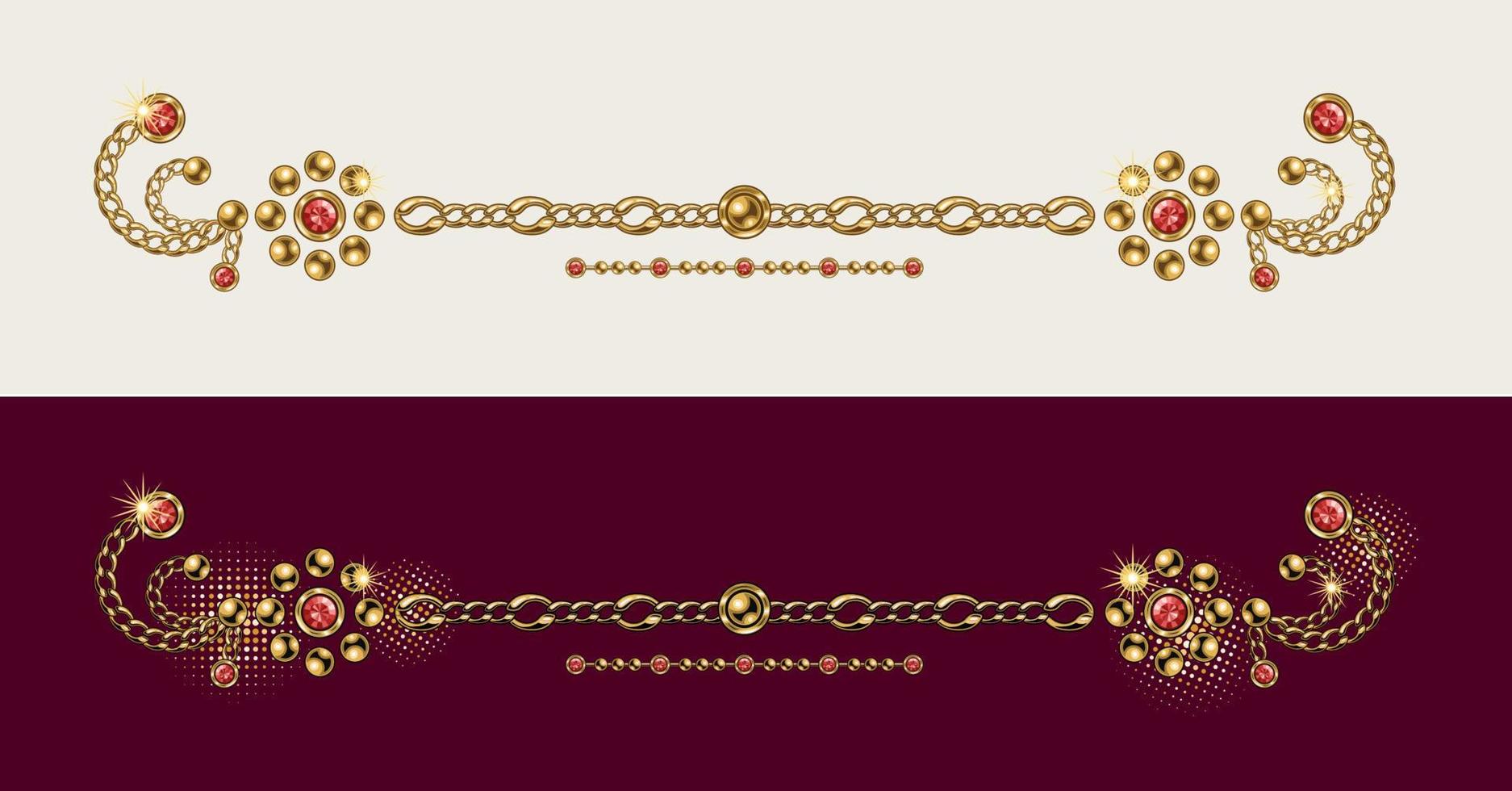 Vintage ▾ gioielleria confine linea, divisore fatto di oro palla perline, rosso strass, gemme, oro Catene su bianca e in profondità rosso sfondo. vettore design elemento