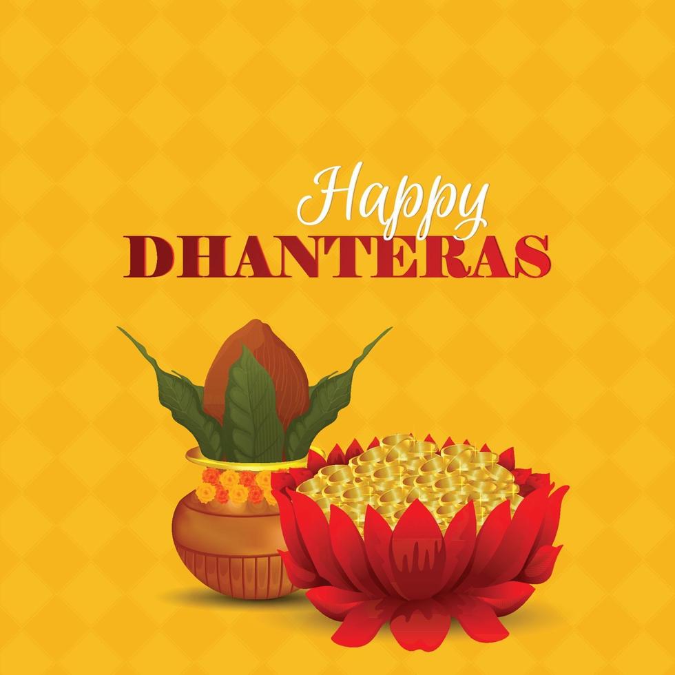 illustrazione creativa di dhanteras felici con fiore di loto moneta d'oro vettore