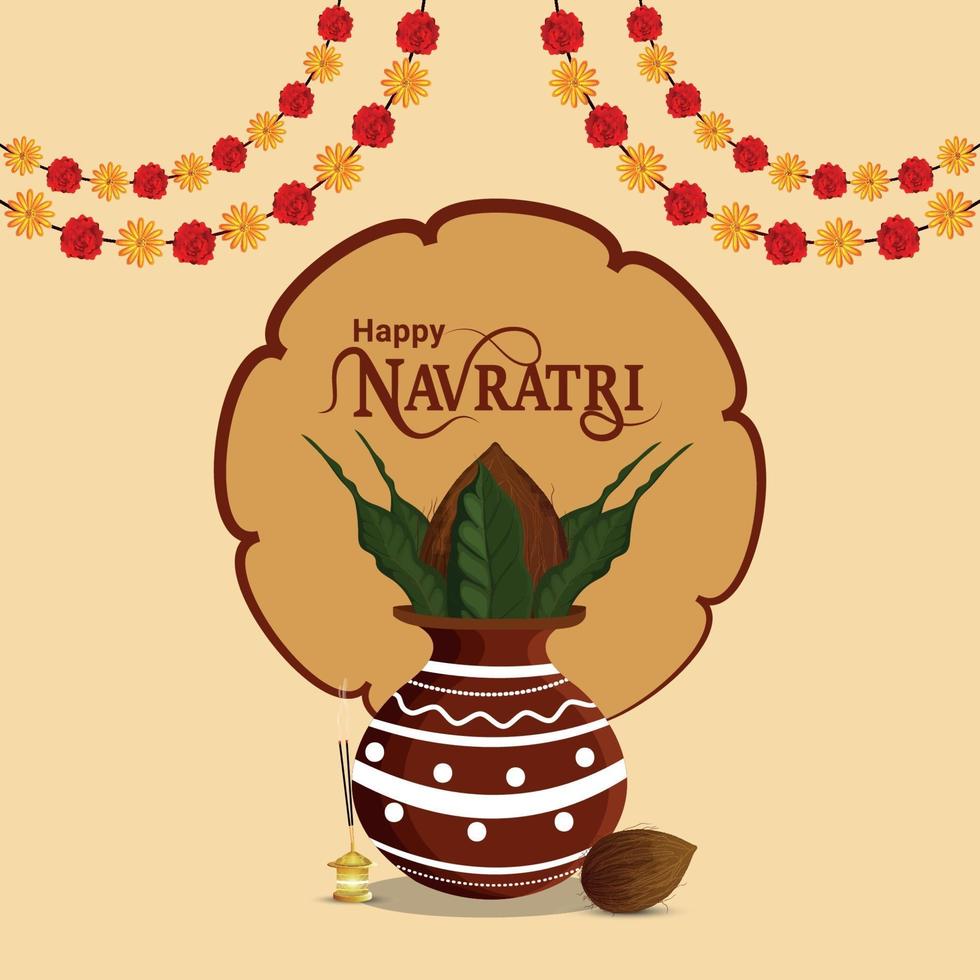 felice illustrazione vettoriale navratri con kalash creativo e fiori di ghirlanda