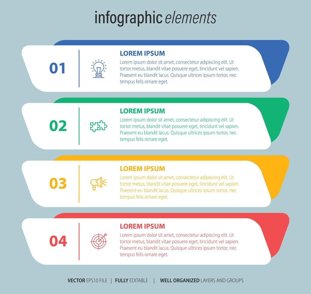 quattro numerato rettangolare montatura posto nel orizzontale riga. concetto di 4 stadi di marketing strategia. moderno piatto Infografica design modello. semplice vettore illustrazione per attività commerciale presentazione