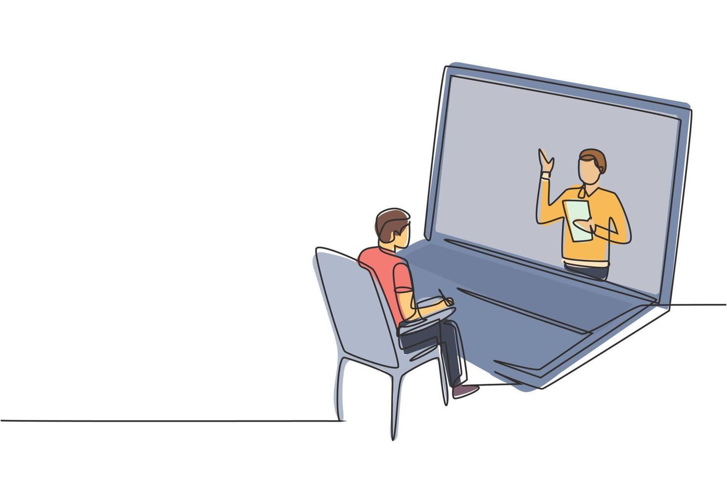 uno studente maschio che disegna una linea seduto a studiare fissando lo schermo gigante del laptop e all'interno del laptop c'è un docente maschio che sta insegnando. illustrazione vettoriale grafica di disegno di disegno di linea continua