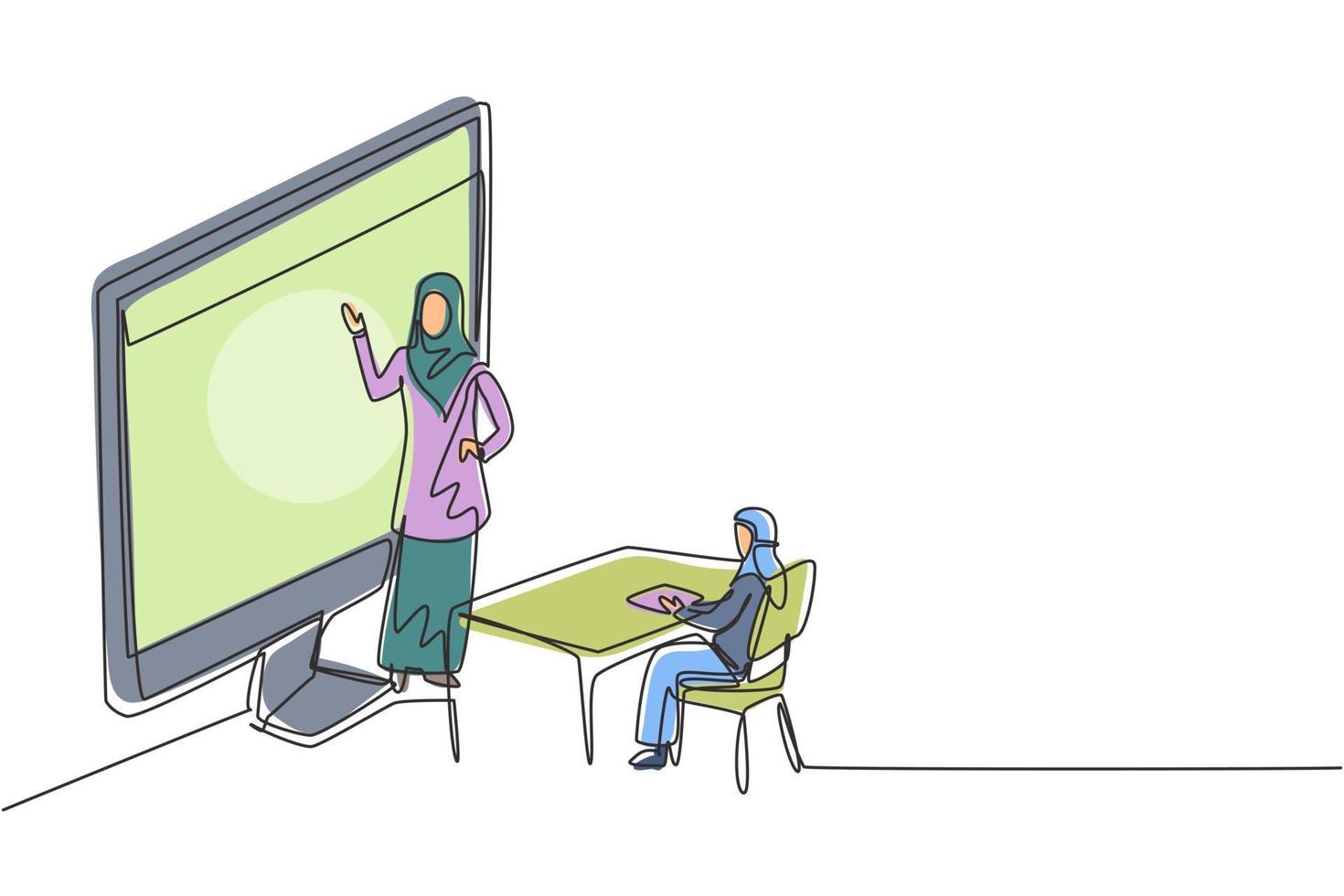 disegno di una sola linea insegnante donna araba in piedi davanti allo schermo del monitor che tiene in mano un libro e insegna alle studentesse hijab sedute sulle panchine intorno alla scrivania. progettazione grafica illustrazione vettoriale