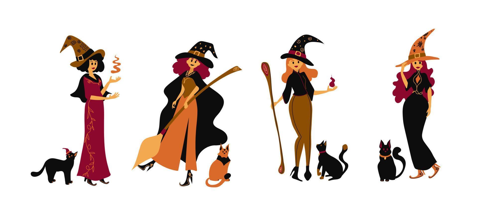 carino strega impostare. cartone animato ragazze nel procedura guidata Fata costumi. Halloween personaggi. streghe con gatti. vettore illustrazione. piatto stile