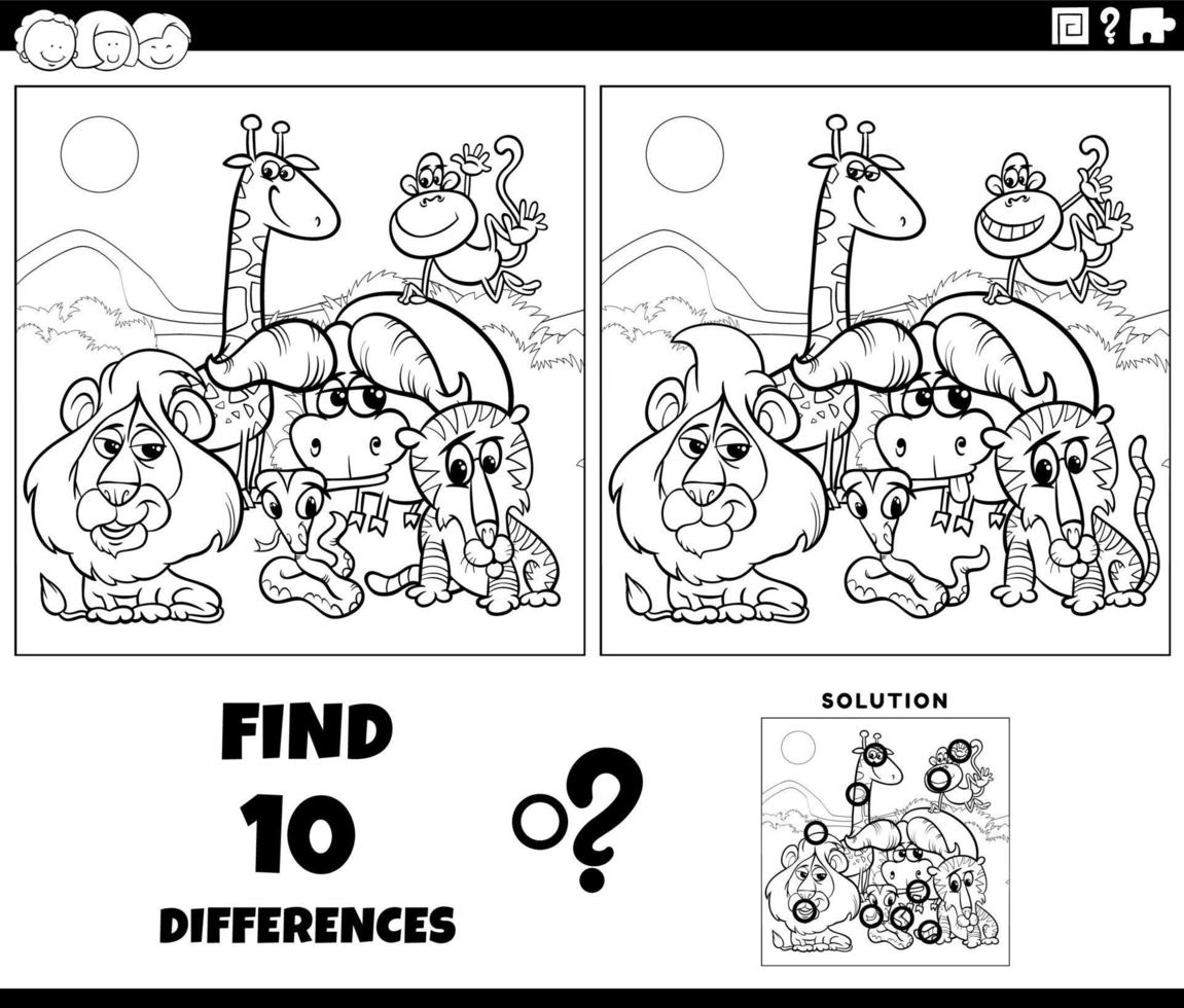 differenze compito con cartone animato safari animali colorazione pagina vettore