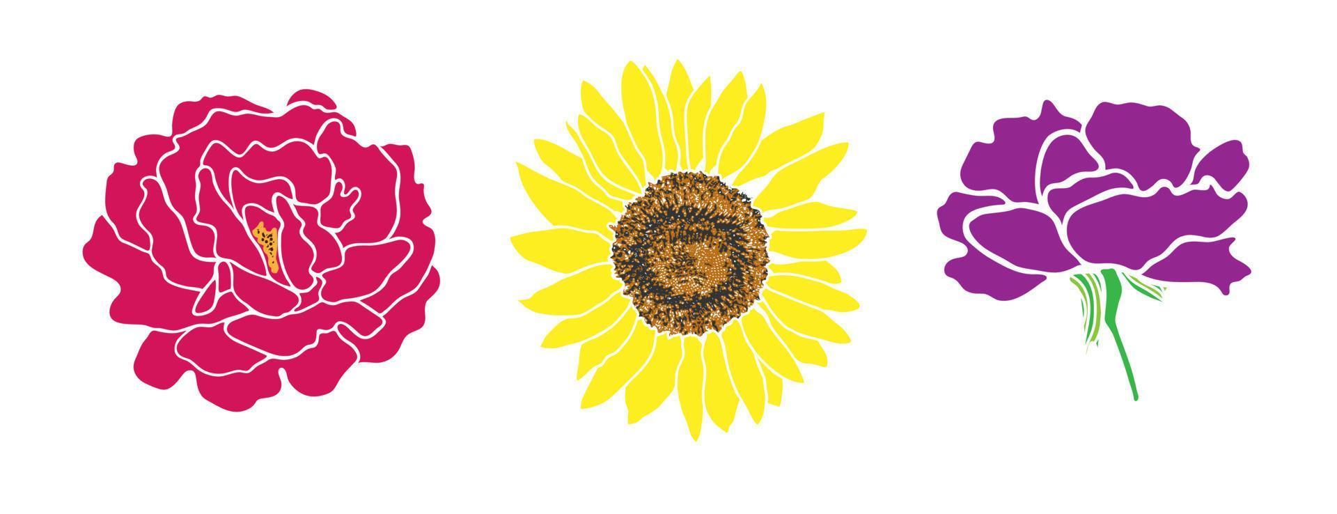 impostato di luminosa fiori. rosa, girasole, garofano nel piatto stile. il vivido colori e semplice floreale schema design. per uso nel digitale o Stampa design progetti. vettore illustrazione.