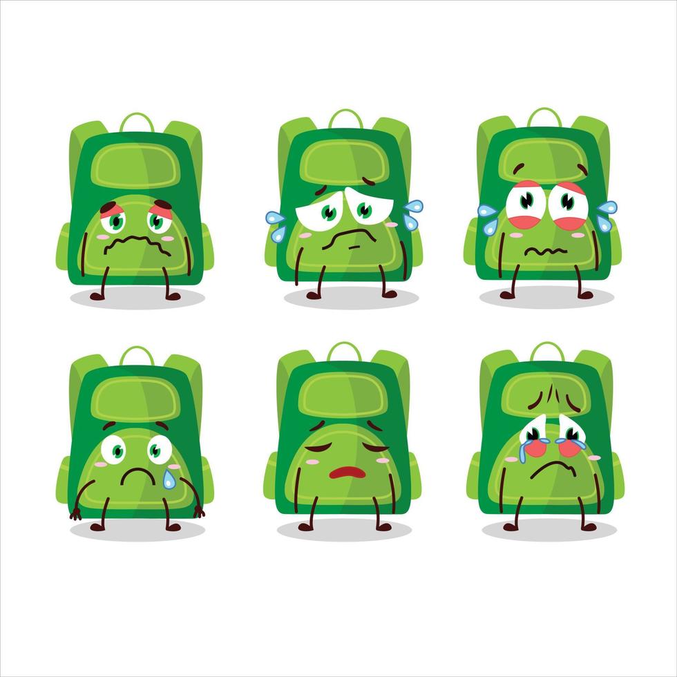 verde scuola Borsa cartone animato nel personaggio con triste espressione vettore