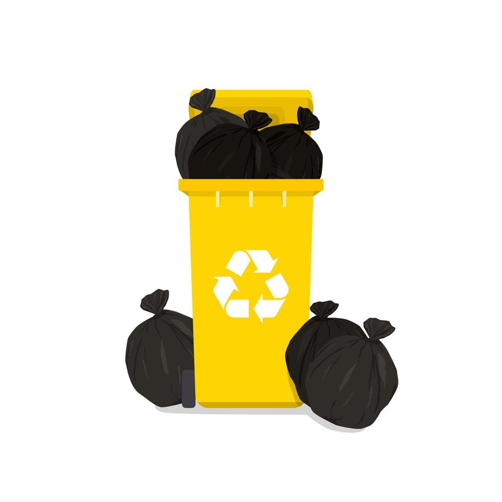 traboccante bidone della spazzatura giallo con i rifiuti domestici isolati su sfondo bianco. vettore