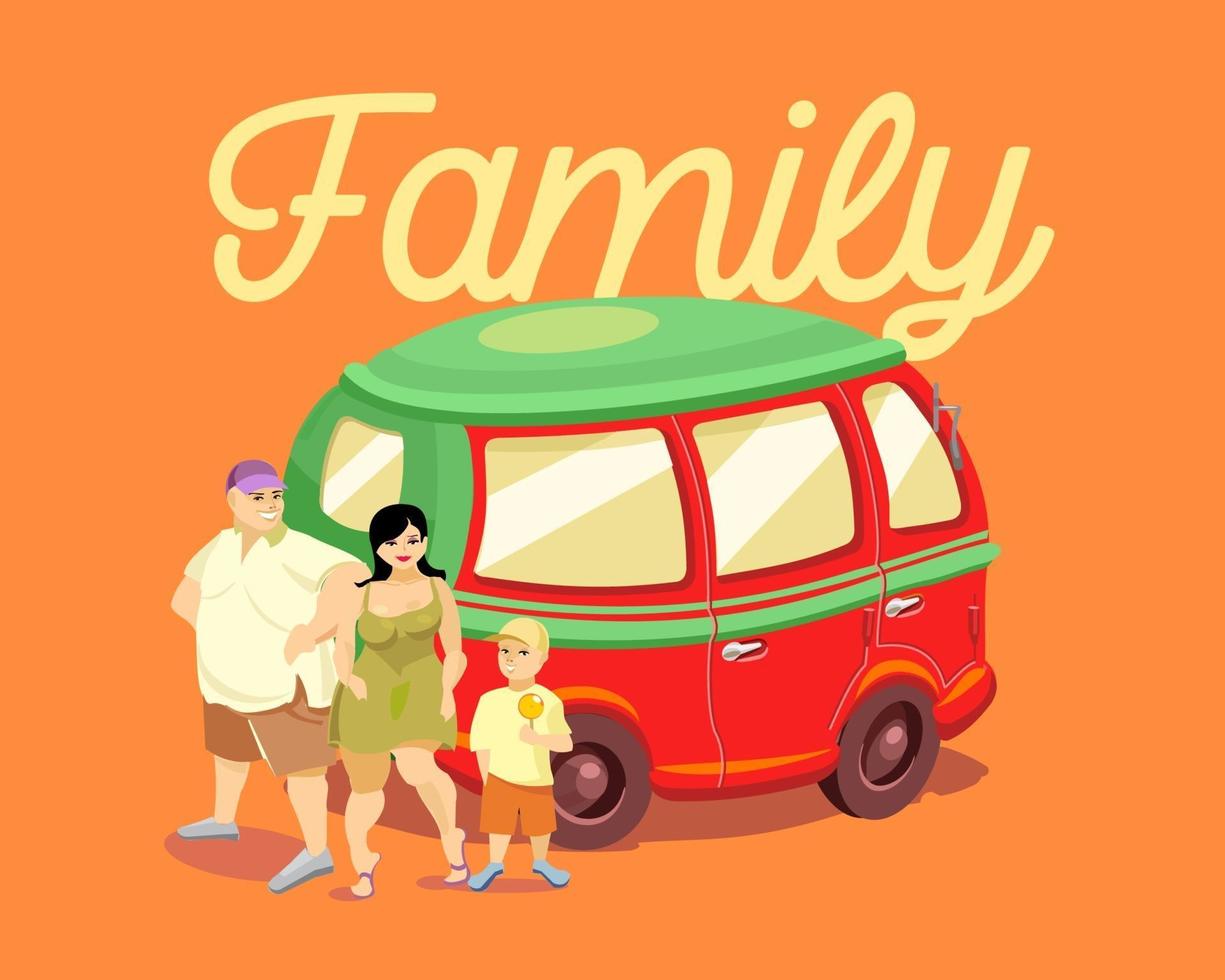 una famiglia con un bambino sta vicino a un'auto rossa. la famiglia dell'iscrizione. scritte. illustrazione vettoriale