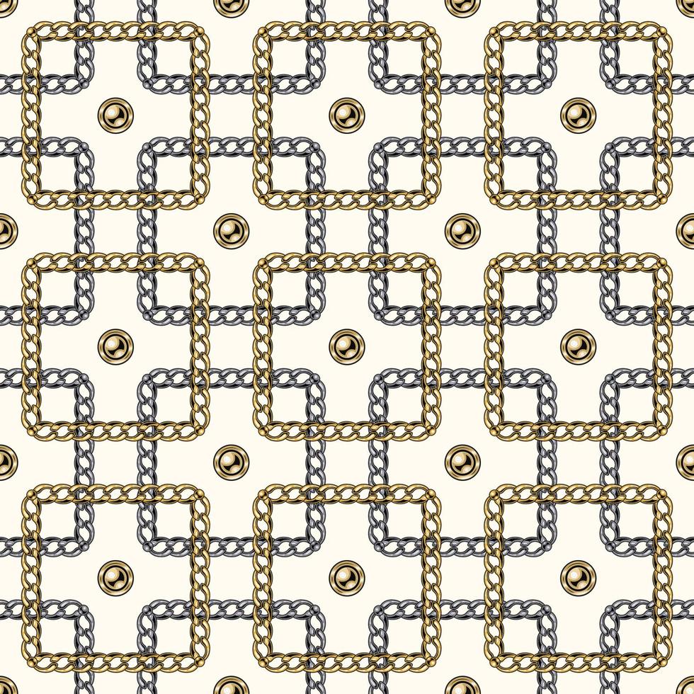 senza soluzione di continuità geometrico catena modello con intricato sovrapposizione piazze su bianca sfondo. oro e argento Catene. vettore illustrazione.