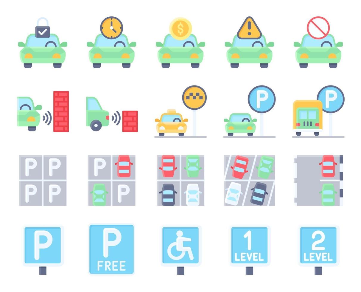 Insieme dell'icona piatto relativo al parcheggio, illustrazione vettoriale