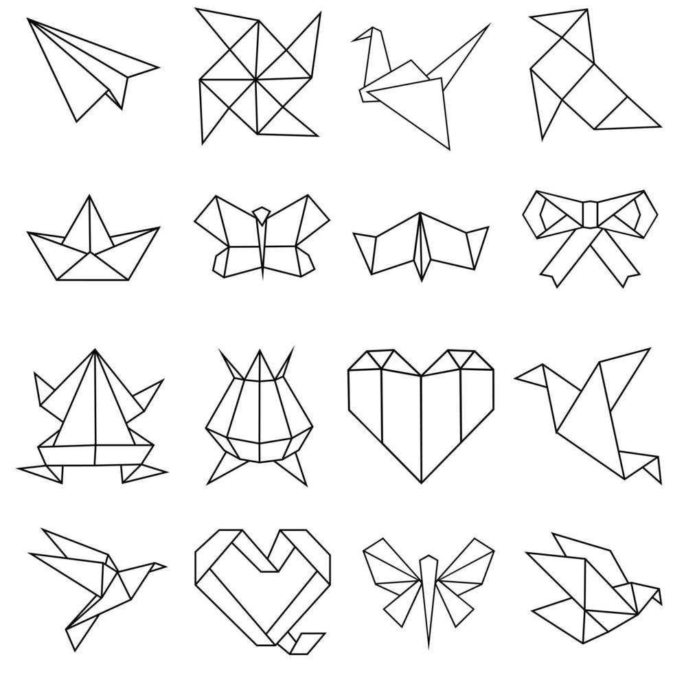 origami vettore icona impostare. carta gru, rana, uccello illustrazione cartello collezione. Giappone simbolo.