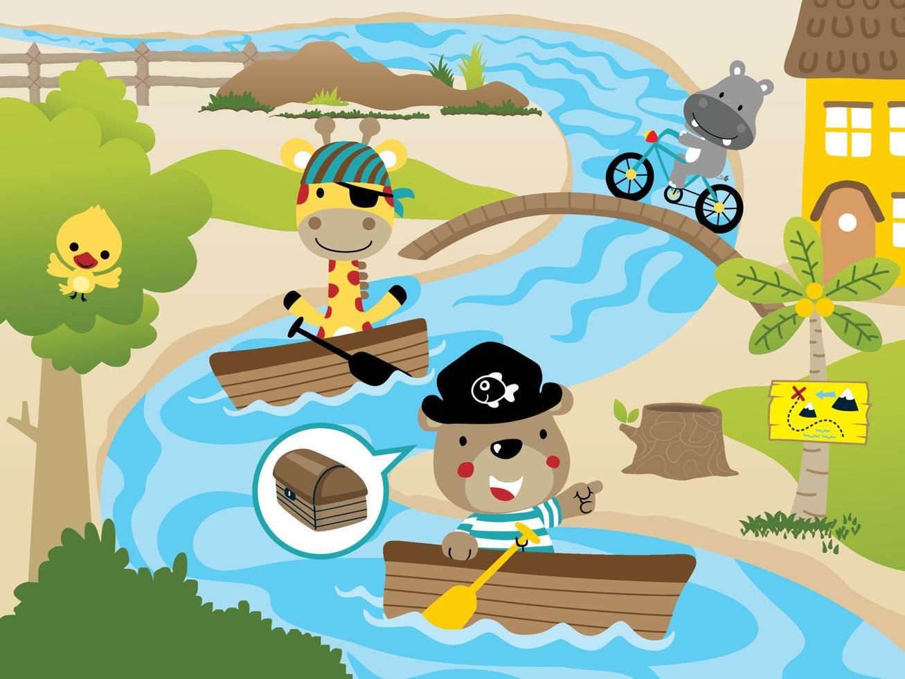 divertente animali cartone animato nel pirata costume su barca a remi nel fiume, ippopotamo equitazione bicicletta, rurale scena illustrazione vettore