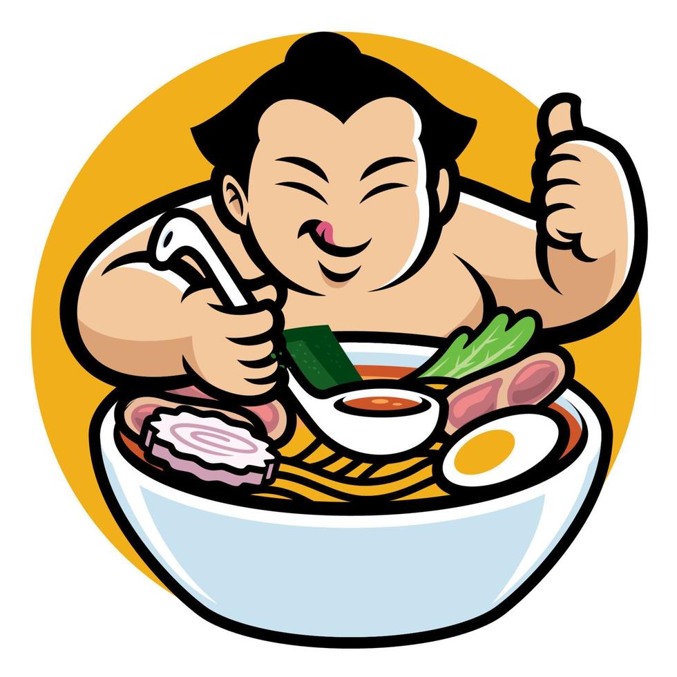 sumo con cartone animato stile mangiare ramen vettore