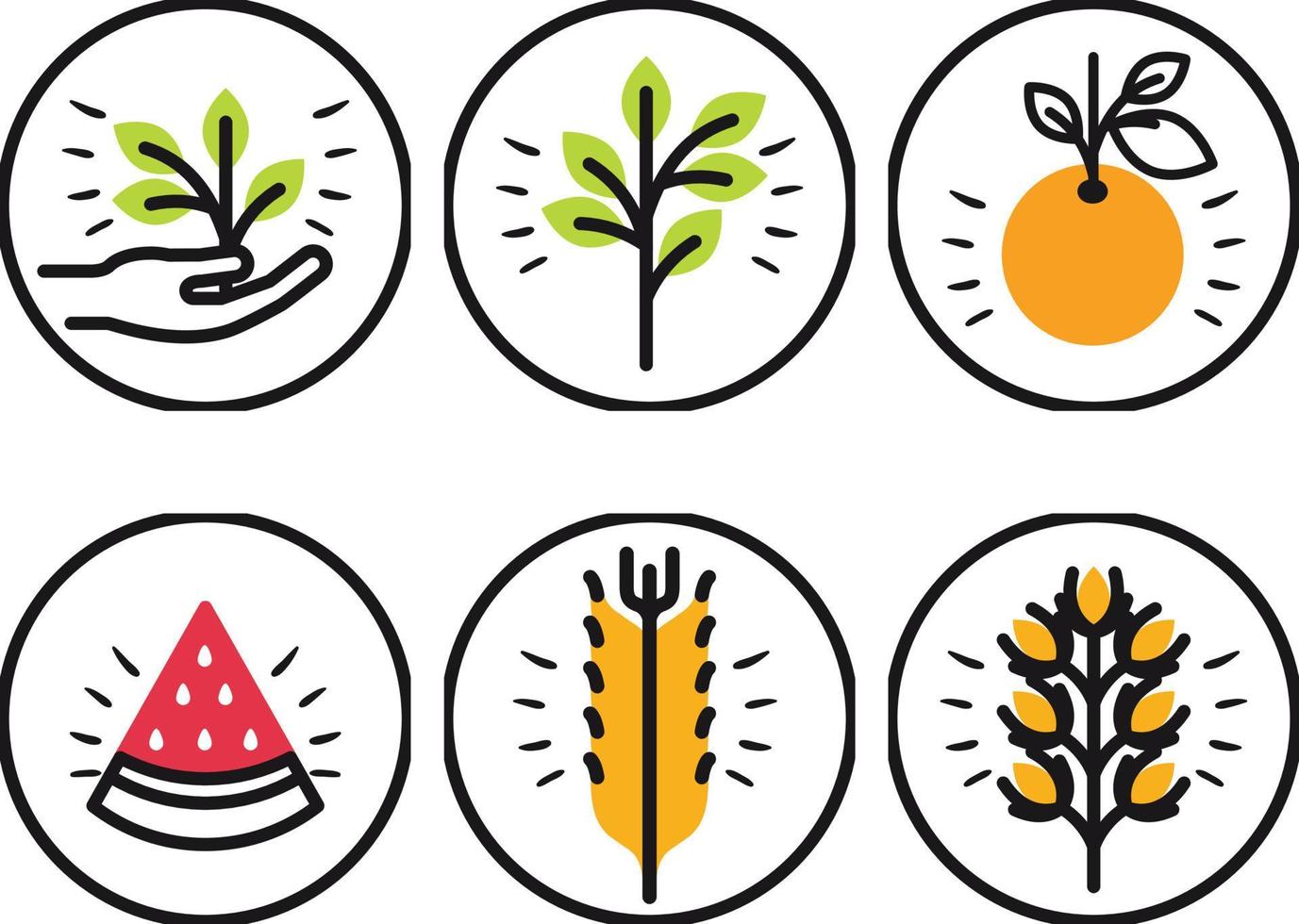 agricoltura icone impostare. Grano, anguria, arancia, mano, Grano, Mais. vettore illustrazione