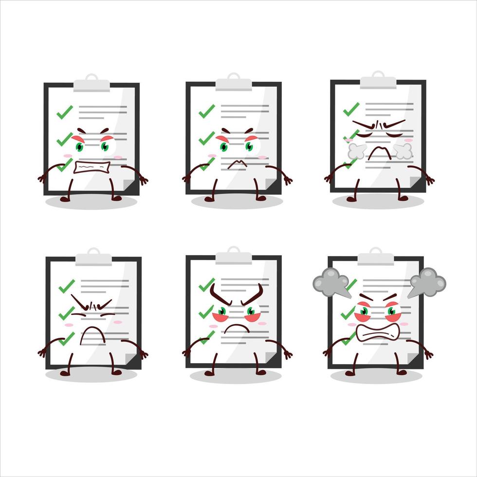 appunti con lista di controllo cartone animato personaggio con vario arrabbiato espressioni vettore