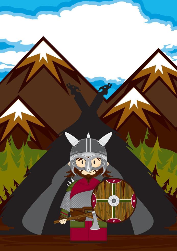 carino cartone animato vichingo guerriero e tenda norvegese storia illustrazione vettore