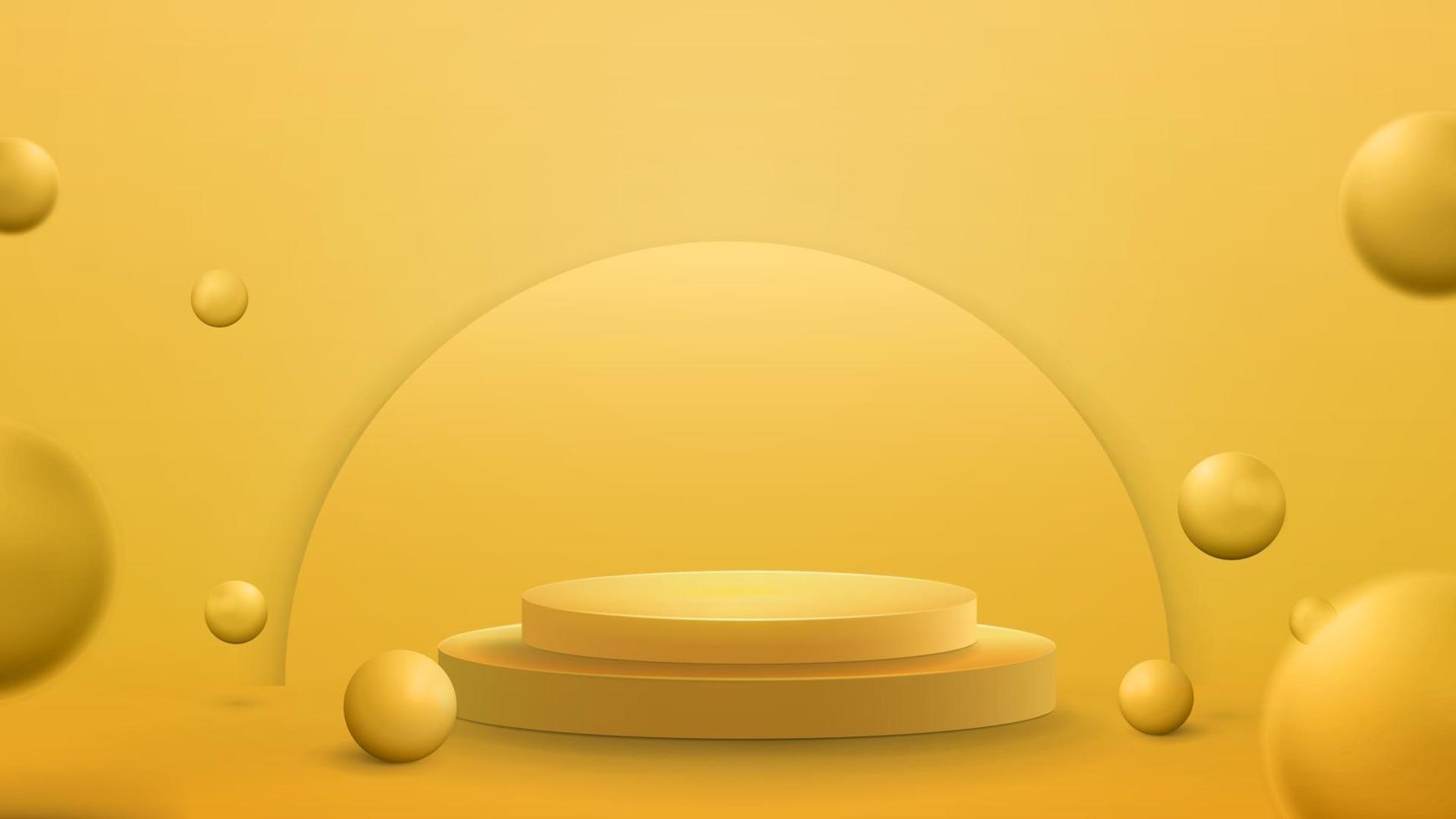 podio giallo con palline rimbalzanti realistiche, modello per la presentazione. Illustrazione rendering 3D con stanza astratta gialla con sfere gialle 3d vettore