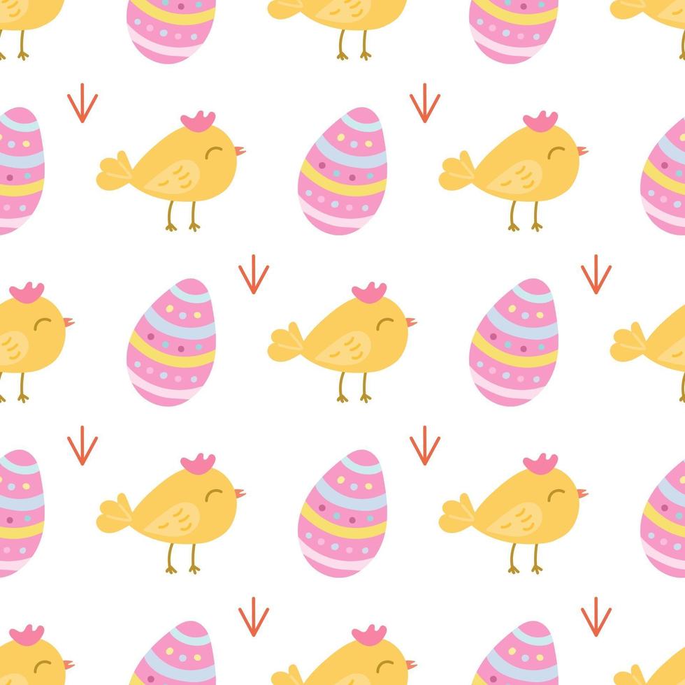 un piccolo pollo carino con un uovo di Pasqua su uno sfondo bianco. Vector seamless pattern in uno stile piatto