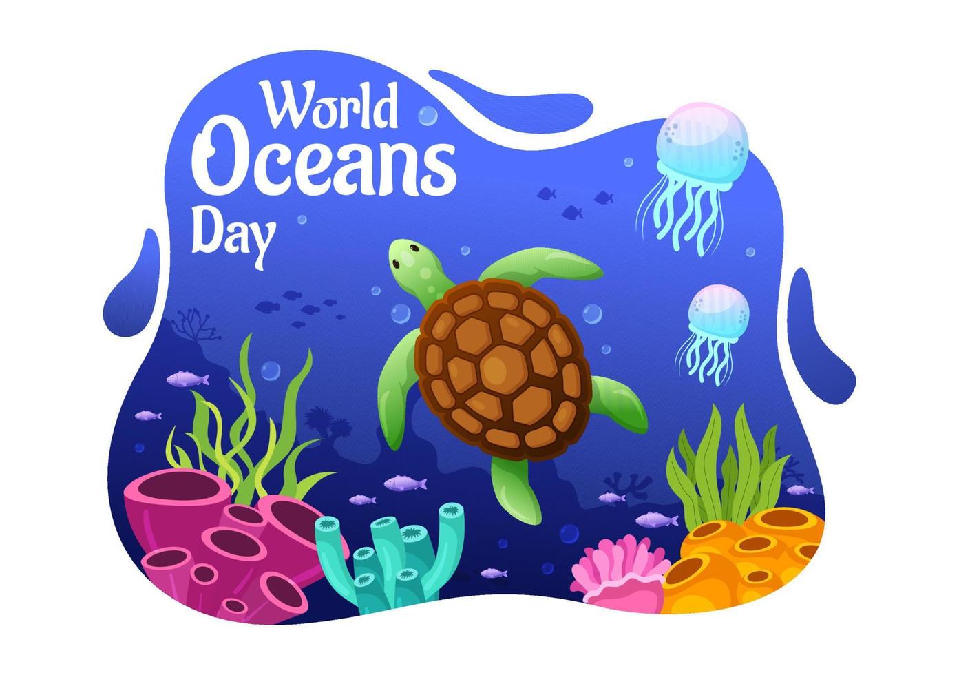 mondo oceani giorno illustrazione per Aiuto proteggere e Conserve oceano, pesce, ecosistema o mare impianti nel piatto cartone animato mano disegnato per atterraggio pagina modelli vettore