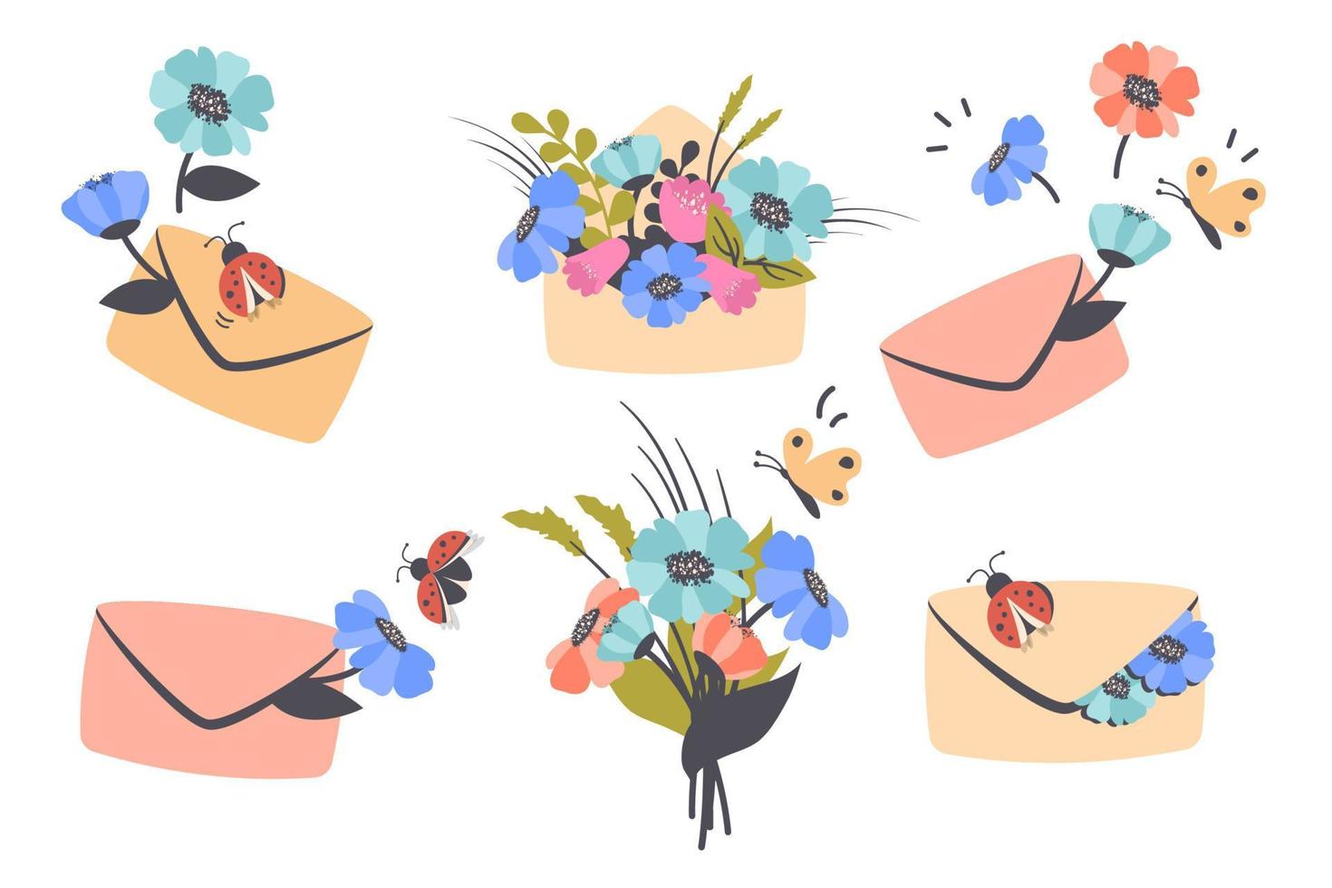 impostato di carino posta Busta con saluto Messaggio, bellissimo colorato fiori, la farfalla, coccinella, scritta. bene notizia notifica concetto, comunicazione. vettore cartone animato illustrazione