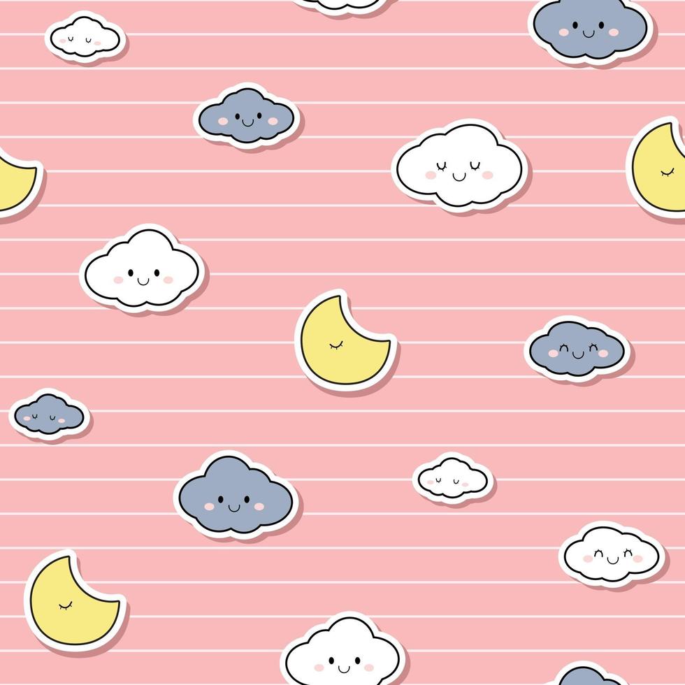 carino nuvola e luna su sfondo rosa fumetto doodle seamless pattern vettore