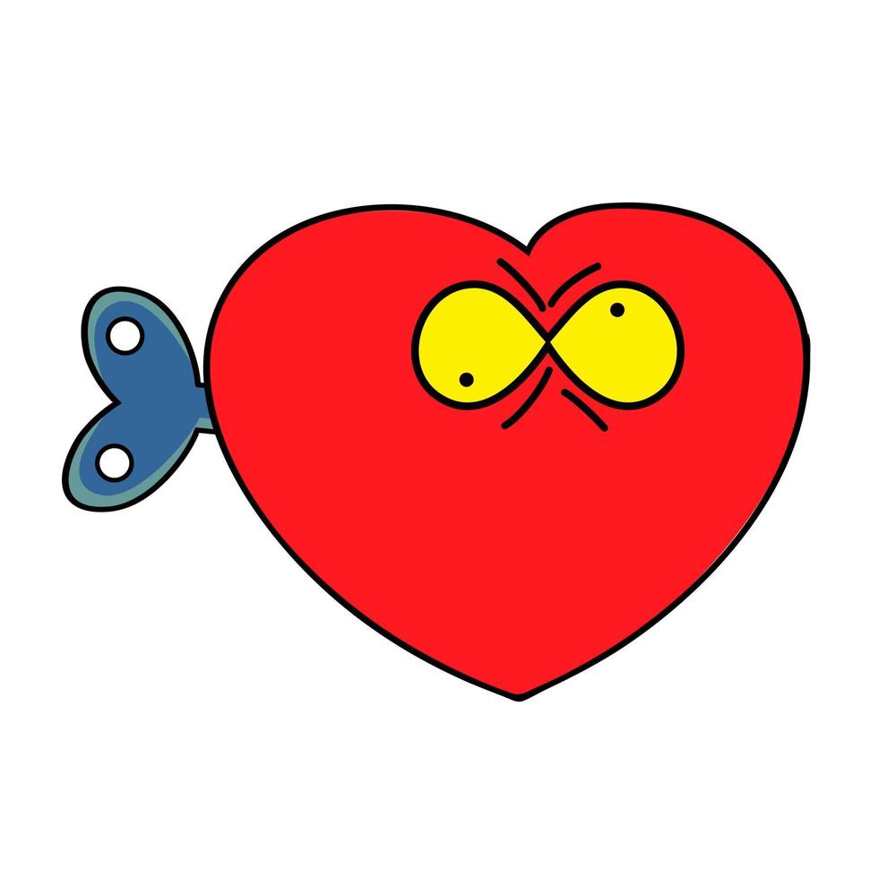 cuore pazzo cartone animato personaggio illustrazione di un' rosso meccanico cuore con un' chiave. vettore