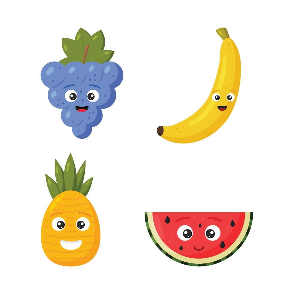 impostare felice carino anguria, ananas, uva e banana per i bambini in stile cartone animato isolato su sfondo bianco. frutta di carattere divertente. vettore